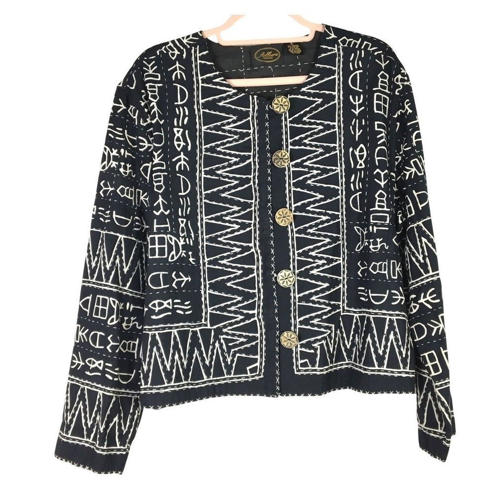 Allure Dress Vintage Black White Tribal Print Boxy Jacket Flax Blend Large